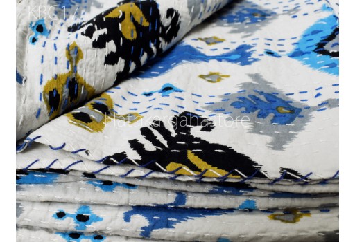 Reversible Kantha Quilt Bedspread Throw Handmade Cotton Ikat Print Quilted Blanket Hippie Gudari Queen Bedcover Bohemian Home Décor Vintage Sheets Duvet Quilts