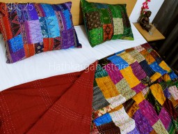 Patchwork Kantha Vintage Patola Multi Silk Bedcover with Pillowcases Indian Throw Quilt Silk Saree Handmade Blanket Reversible Quilted Throw