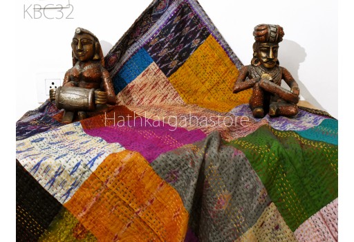 Vintage Recycled Kantha Quilt Bedspread Bedcover Throw Bed Spread Reversible Silk Saree Indian Handmade Blanket Bohemian Home Decor Tapestry