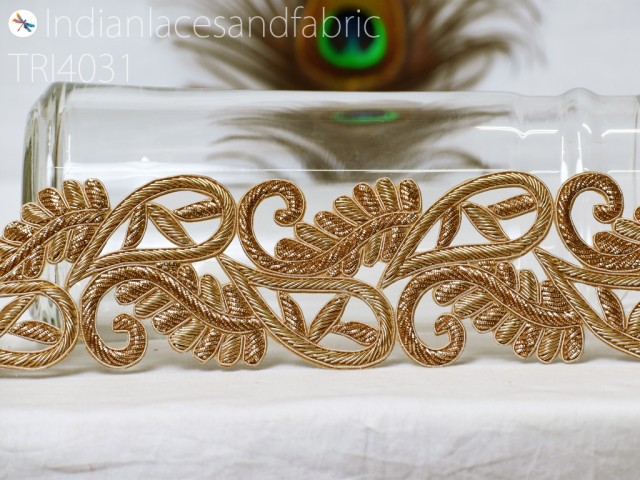 9 Yard Zardozi Gold Paisley Trim Handcrafted Embellishment Sewing Bridal Dresses Making Indian Saree Border Decorative Lehenga Purse Lace Clutches Christmas DIY Crafting