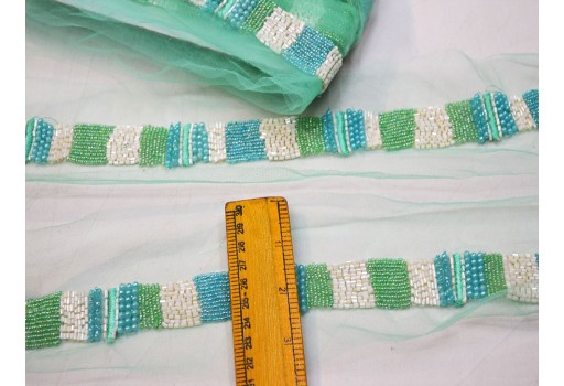 Decorative sea green beaded trim by yard exclusive saree trimmings wedding dress fabric sewing Indian accessories crafting ribbon home décor party wear gown border cushions table runner tape