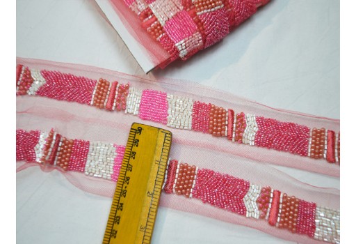 Decorative pink beaded trim by yard exclusive saree trimmings wedding dress fabric sewing Indian accessories crafting ribbon home décor party wear gown border cushions table runner tape