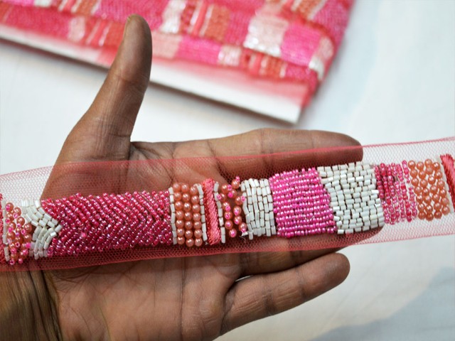 Decorative pink beaded trim by yard exclusive saree trimmings wedding dress fabric sewing Indian accessories crafting ribbon home décor party wear gown border cushions table runner tape