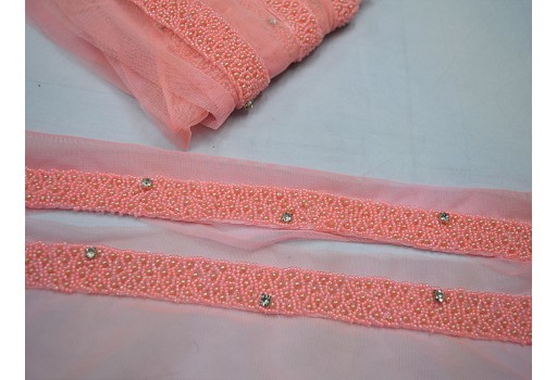 Decorative Pink beaded trim wedding gown bridal belt sashes dress ribbon by 3 yard Indian laces costume crafting sewing sari border accessories trimmings home décor party wear saree tape