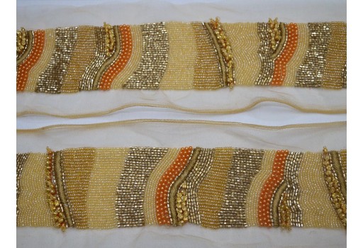 Exclusive beige beaded trim bridal belt sashes wedding lehenga ribbon by the yard costume beads trimmings accessories Christmas home décor sewing party wear gown dresses bridal wears tape
