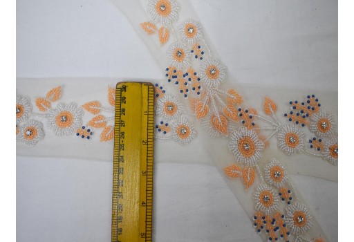 Decorative orange white beaded wedding dresses ribbon boutique material costume laces crafting sewing net fabric sari border bridal belt sashes trim by the yard home décor party wear lehenga tape