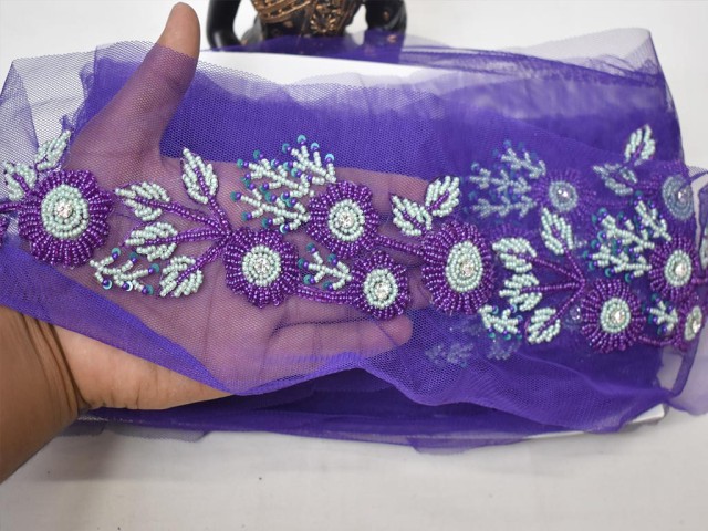 Decorative exclusive purple beaded wedding dresses ribbon boutique material costume laces crafting sewing net fabric sari border bridal belt sashes trim by the yard home décor party wear lehenga tape