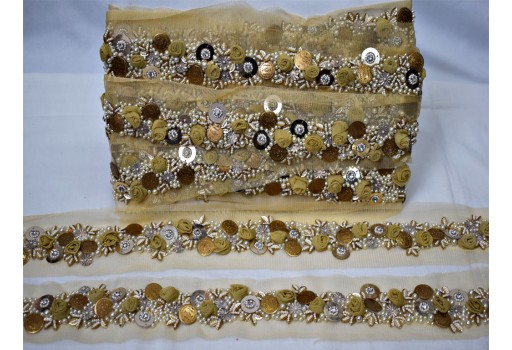 Beige handmade Indian beaded saree trimmings bridal belt sashes wedding dress lehenga ribbon decorative accessories fabric sewing 3d trim by the yard sari crafting border party wear gown tape