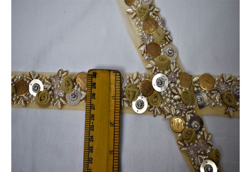 Beige handmade Indian beaded saree trimmings bridal belt sashes wedding dress lehenga ribbon decorative accessories fabric sewing 3d trim by the yard sari crafting border party wear gown tape