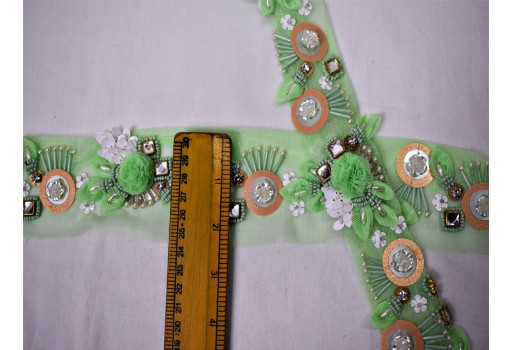 Apple green handmade Indian beaded saree trimmings bridal belt sashes wedding dress lehenga ribbon decorative accessories fabric sewing 3d trim by the yard sari crafting border party wear gown tape
