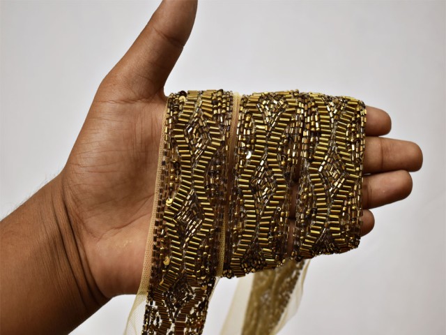 Decorative antique gold beaded dresses tape home décor wedding dupatta bridal belt wear trim by the yard handmade laces costume crafting sewing sari border lehenga ribbon clothing accessories