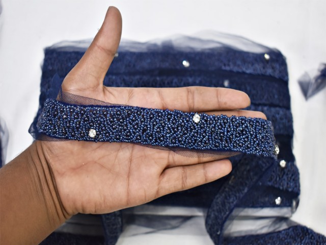 Exclusive navy blue beaded trim bridal belt sashes wedding dress ribbon by yard Indian laces costume crafting sewing net organza fabric traditional lehenga border clothing accessories boutique material