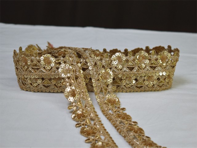 9 Yard Wholesale Gold Sequins Embroidered gown Lace Tape embellishment dupatta Trim Sari Border Decorative Saree Wedding Costume Dresses Ribbon Crafting Zari Border garment accessories