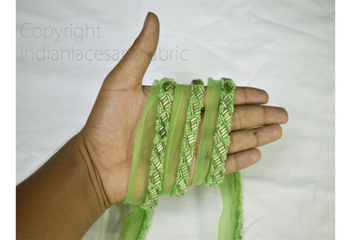 Exclusive apple green glass beaded saree trimmings bridal belt sashes wedding dress lehenga ribbon decorative Indian fabric sewing accessories trim by the yard sari crafting border lace party wear gown tape