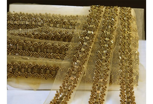 Exclusive antique gold beaded saree trimmings bridal belt sashes wedding dress lehenga ribbon decorative Indian fabric sewing accessories trim by the yard sari crafting border lace party wear gown tape