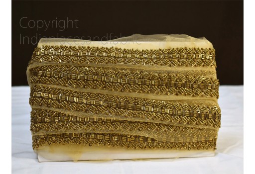Exclusive antique gold beaded saree trimmings bridal belt sashes wedding dress lehenga ribbon decorative Indian fabric sewing accessories trim by the yard sari crafting border lace party wear gown tape
