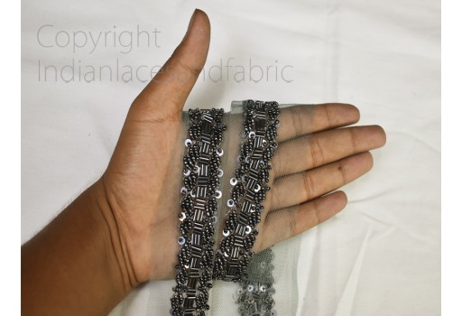 Exclusive gunmetal grey beaded trim by the yard wedding gown bride belt sashes ribbon Indian laces costumes crafting sewing tape sari cushions drape blouse material trimming home décor party wear gown border