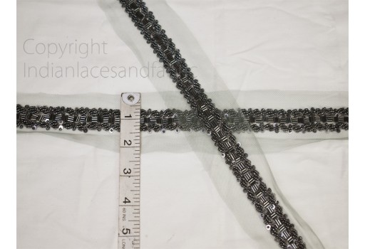 Exclusive gunmetal grey beaded trim by the yard wedding gown bride belt sashes ribbon Indian laces costumes crafting sewing tape sari cushions drape blouse material trimming home décor party wear gown border