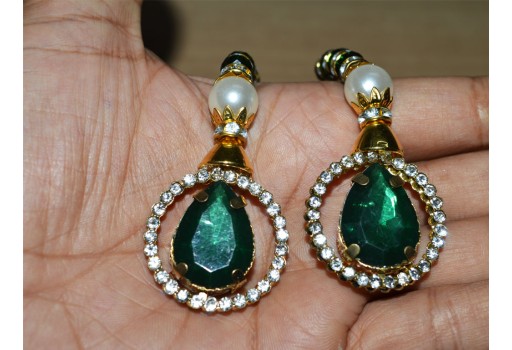 Decorative Green And Gold Tassels Beaded Wedding Lehenga Blouses Accessories Latkan By 1 Pair Indian kurtis Embellishment Latkan For Dupatta.