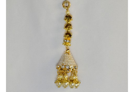 1 Pair Decorative Indian Handmade Ivory Gold Beaded Tassels Decor DIY Crafting Jewelry Charms Embellishment Bridal Curtains Tiebacks Latkans