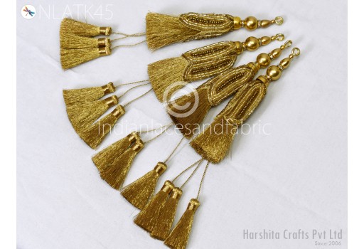 8 Pc Indian Gold Beaded Tassels Handmade Decorative DIY Crafting Jewelry Charms Embellishment Bridal Curtain Tiebacks Home Decor Latkans