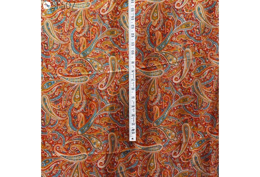 Indian Rust Paisley Habotai Silk by the yard Fabric Saree Fabric Soft Pure Flowy Printed Silk Wedding Dresses Hair Crafting Costumes Sewing