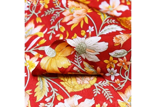 Red Indian Flowy Habotai Silk by the yard Fabric Woman Saree Wedding Dresses Bridal Costumes Sewing Scarf Soft Pure Printed Silk