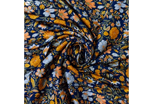 Sewing Crafting Navy Blue Floral Habotai Silk Fabric by the yard Saree Material Wedding Dresses Costumes Scarf Soft Pure Flowy Printed Silk