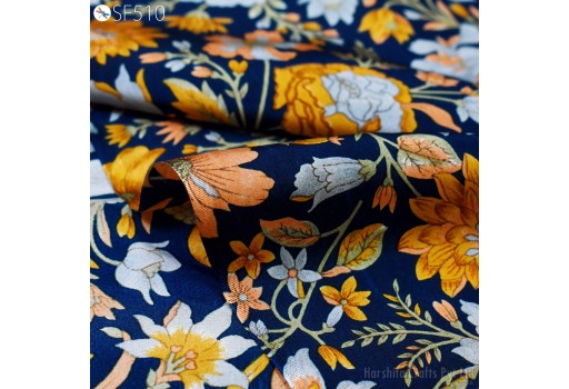 Sewing Crafting Navy Blue Floral Habotai Silk Fabric by the yard Saree Material Wedding Dresses Costumes Scarf Soft Pure Flowy Printed Silk