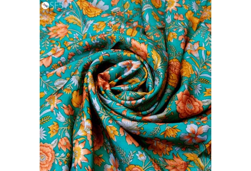 Floral Habotai Printed Green Silk by the yard Saree Fabric Indian Wedding Dresses Bridesmaid Costumes Sewing Scarf Pure Flowy Fabric