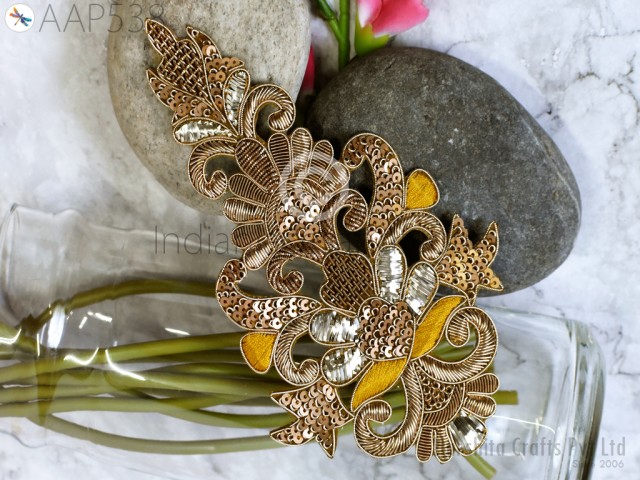 2 Piece Decorative Floral Gold Applique Embroidered Indian Sewing Dresses Patches Appliques Handmade DIY Crafting Supply Beaded Cushions Patches