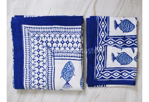 Hand Block Printed Blue Fish Cotton Flat Sheet with Pillowcase Set Bedding Bedcover King Size Bedspread, Sofa Cover Home Décor Tapestry Boho