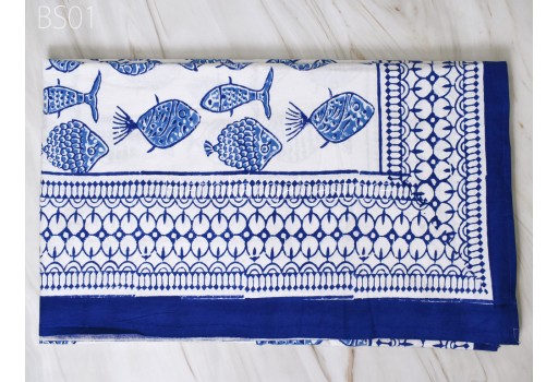 Indian Cotton Bed Sheet Set Hand Block Printed Fish Bedcover King Size Flat Sheet with Pillowcase Set Sofa Cover Home Living Décor Tapestry
