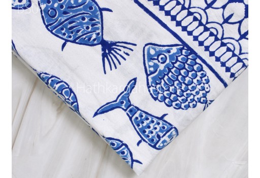 Hand Block Printed Blue Fish Cotton Flat Sheet with Pillowcase Set Bedding Bedcover King Size Bedspread, Sofa Cover Home Décor Tapestry Boho