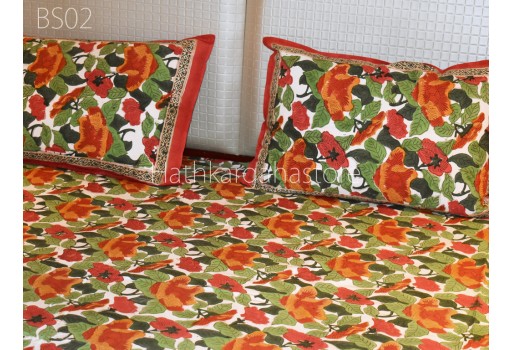 Indian Cotton Bed Sheet Set Hand Block Print Floral Bedcover King Queen Size Flat Sheet with Pillowcase Set Sofa Cover Home Living Décor Tapestry