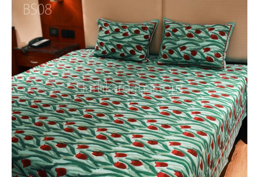 Indian Cotton Bed Sheet Set Hand Block Print Floral Bedcover King Queen Size Flat Sheet with Pillowcase Set Sofa Cover Home Living Decor Tapestry