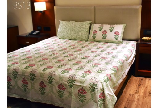 Indian Cotton Bed Sheets Set Hand Block Print Floral Bedcover King Queen Size Flat Sheet with Pillowcase Set Sofa Cover Home Living Décor Tapestry