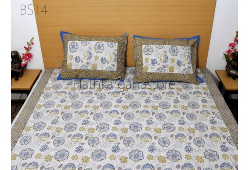 Cotton Bedspread Set Hand Block Printed Floral Bedcover Queen/King Size Flat Sheet Pillowcase Set, Sofa cover Home Living Décor Tapestry Bedding Bedsheets