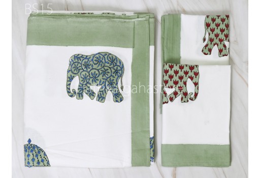 Hand Block Elephant Printed Bedspreads Queen King Size Cotton Double Bed Sheet with Pillowcase Set, Sofa Cover Home Living Décor Tapestry