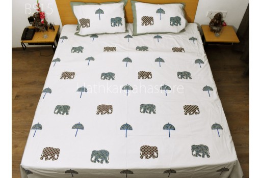 Hand Block Elephant Printed Bedspreads Queen King Size Cotton Double Bed Sheet with Pillowcase Set, Sofa Cover Home Living Décor Tapestry