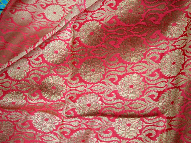 Beautiful Indian Blended Silk Carrot Red Brocade By The Yard Headband Material Banarasi sherwani Jacket wedding Dress Gold Flower Motifs Small Design Hat Making Home Furnishing Fabric