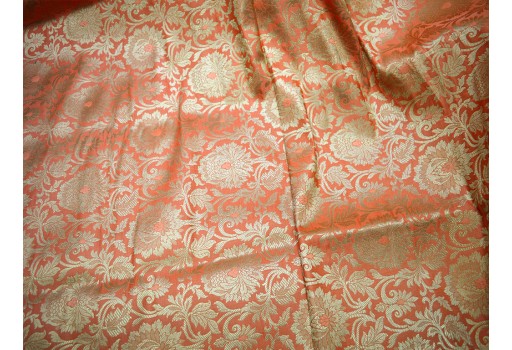 Gold Woven Floral Design Banarasi Brocade Blended Silk Peach By The Yard fabric Jacket Sewing Material Bridal Clutches Wedding Dress Lehenga Making Skirt Fabric