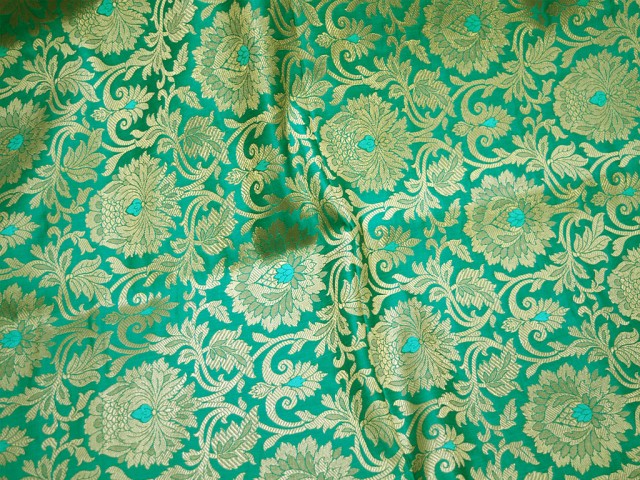 Bridal Lehenga Brocade Banarasi Silk By The Yard Fabric Sea Green Gold For Wedding Dress Lehenga Gown Hat Making Home Furnishing bed covers Indian Fabric
