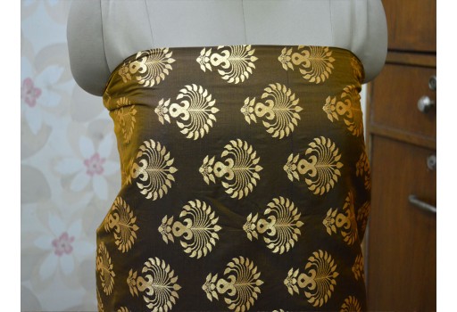 Indian Blended Silk Black Brocade By The Yard Sewing Headband Material Banarasi Jacket Midi Dress Brocade Golden Motifs Small Design Hat Making Home Furnishing Fabric