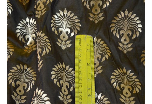 Indian Blended Silk Black Brocade By The Yard Sewing Headband Material Banarasi Jacket Midi Dress Brocade Golden Motifs Small Design Hat Making Home Furnishing Fabric