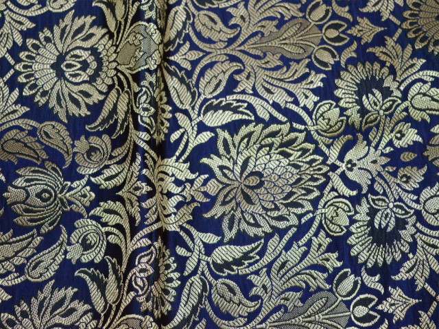 Banarasi Silk Golden Design Fabric Navy Blue Brocade By The Yard Festive Wear Dress Material Saree Making Kurtis Hand Purse Wall Décor Fabric craft supplies
