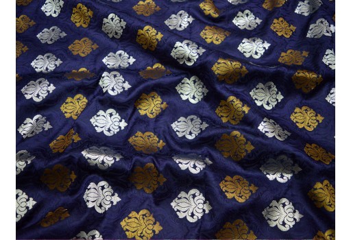 Indian Silk Blended Navy Blue Brocade By The Yard Headband gown Material Banarasi Vest Coat Midi Dress Golden Design Bow Tie Making Home Furnishing Fabric clothing accessories
