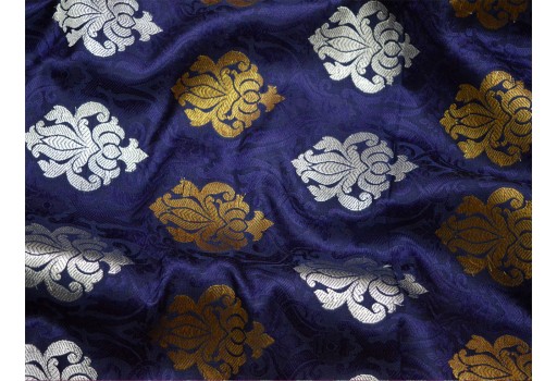 Indian Silk Blended Navy Blue Brocade By The Yard Headband gown Material Banarasi Vest Coat Midi Dress Golden Design Bow Tie Making Home Furnishing Fabric clothing accessories