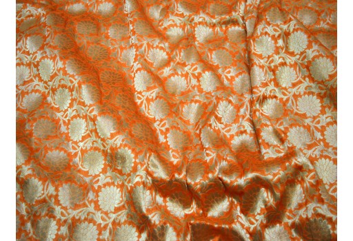 Orange Brocade by the Yard Wedding Dress Banarasi Bridal Sewing boutique Material Crafting Drapery Cushion covers making Costume sewing accessories festive wear Fabric