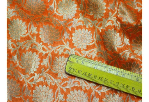 Orange Brocade by the Yard Wedding Dress Banarasi Bridal Sewing boutique Material Crafting Drapery Cushion covers making Costume sewing accessories festive wear Fabric